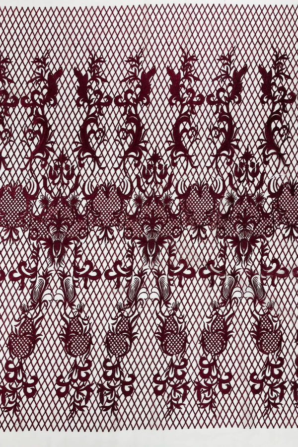 Damask on Net Lace Fabric - Burgundy - Embroidered Lace Mesh Damask Design Fabric by Yard