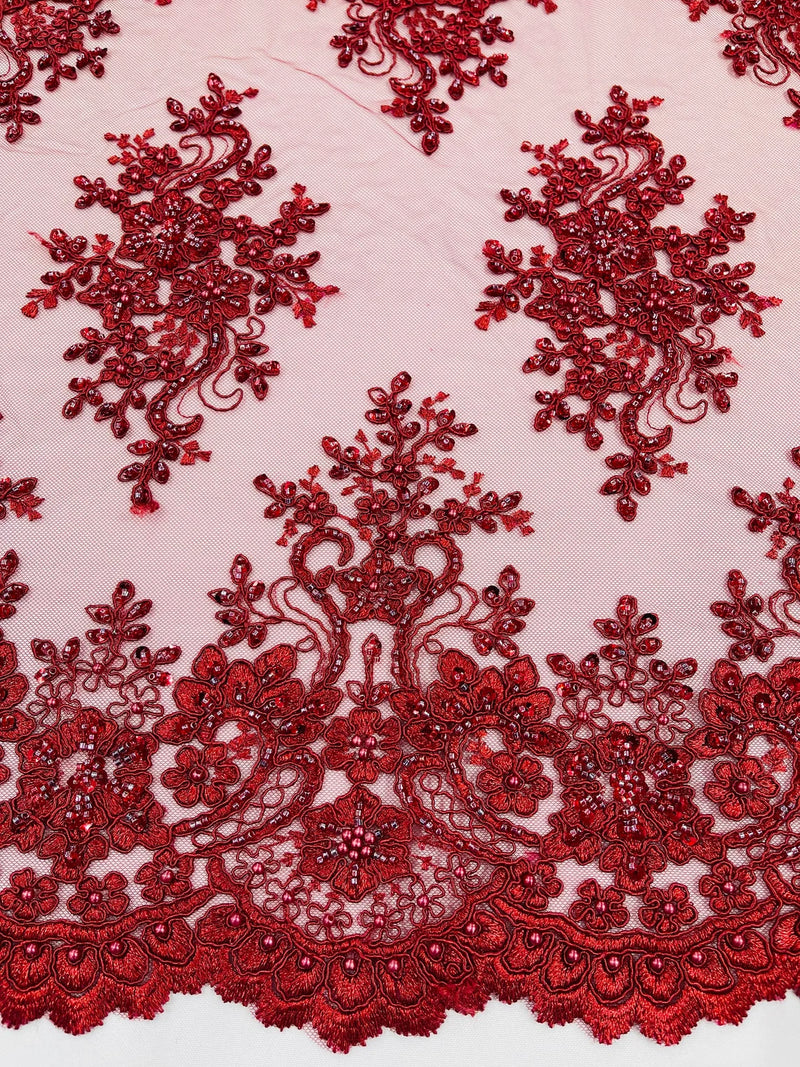 Floral Pearl Bead Fabric - Burgundy - Flower Design with Beads and Sequins Fabric Sold By Yard