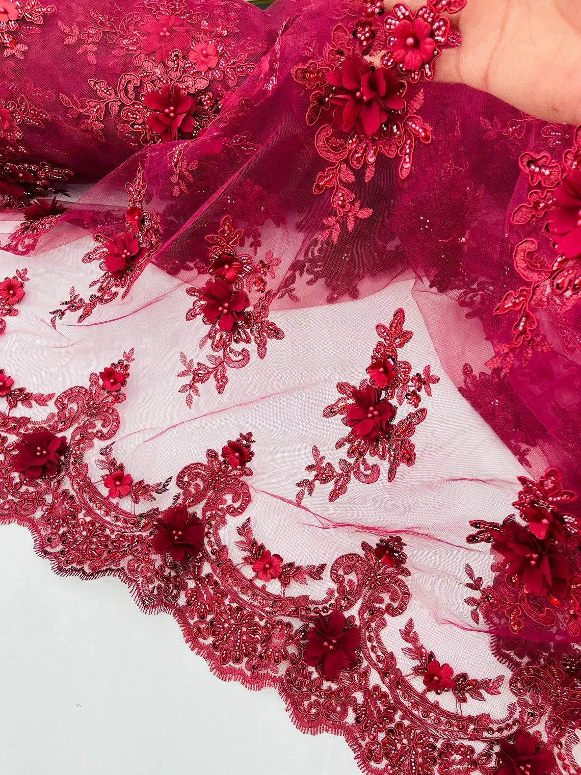 3D Floral Pearl Design - Burgundy - Floral Embroidered Pearls and Sequins Fabric By Yard