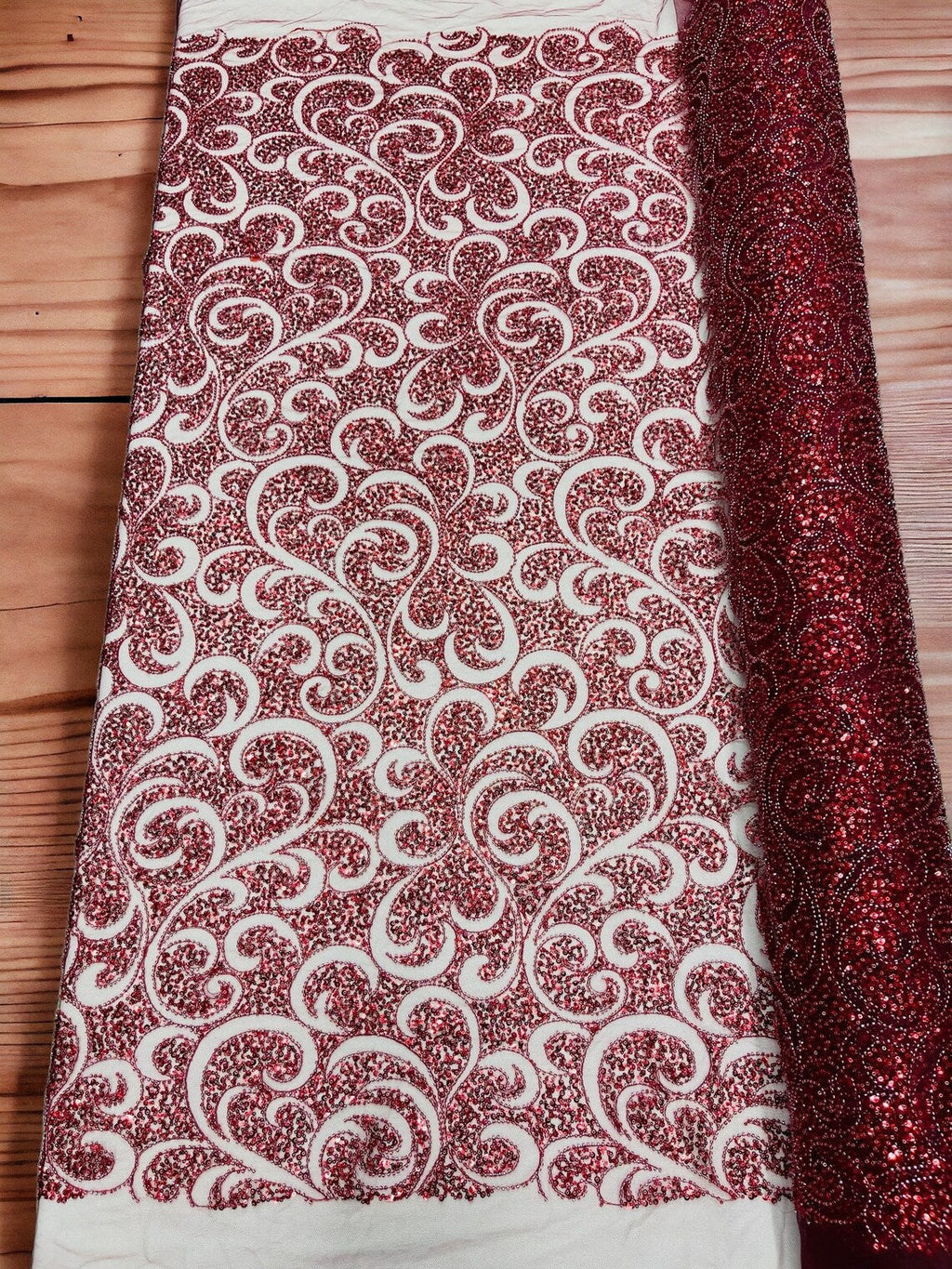 Beaded Swirl Design Fabric - Burgundy - Swirl Design with Beads and Sequins on Lace by Yard