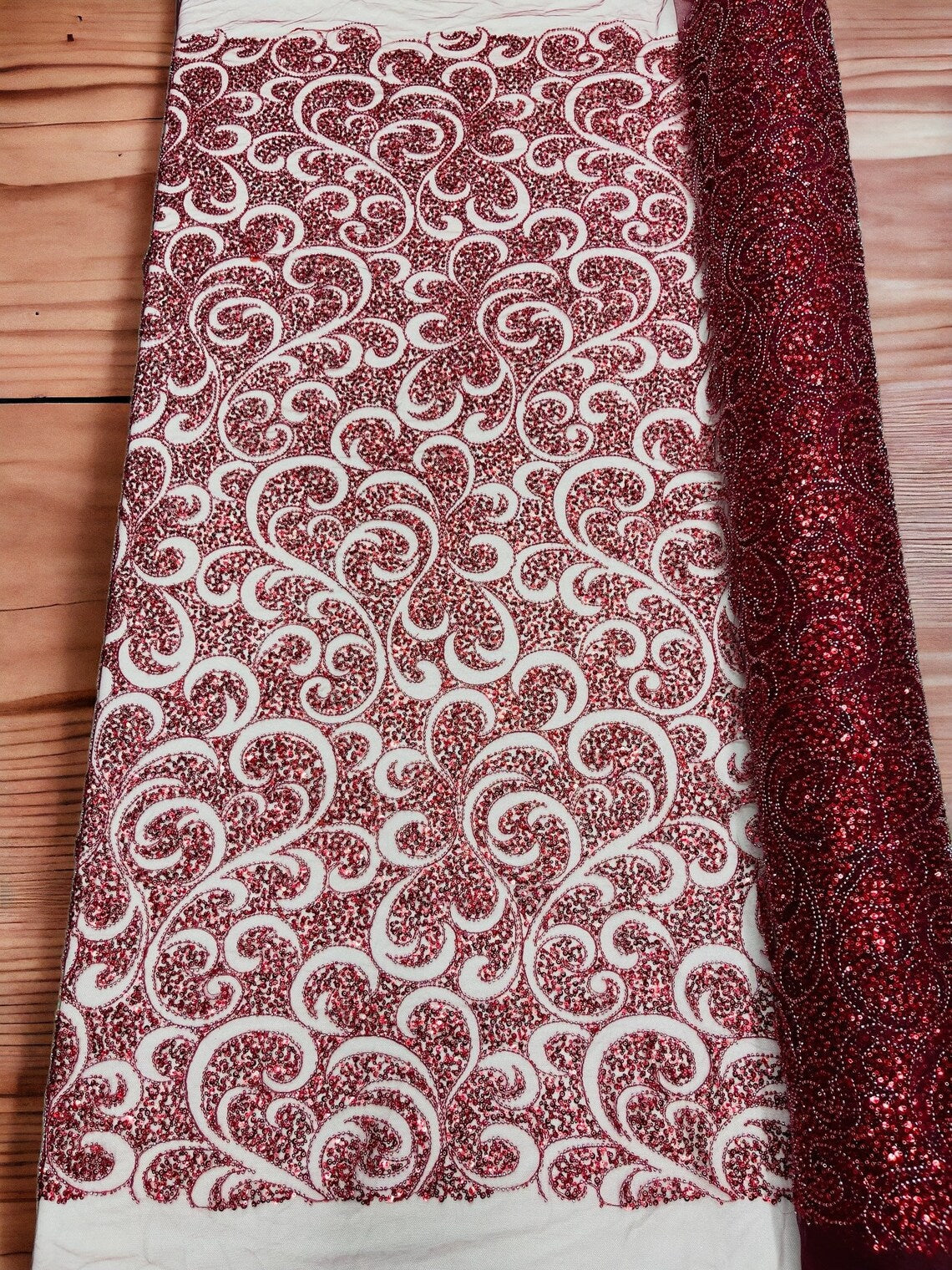 Beaded Swirl Design Fabric - Burgundy - Swirl Design with Beads and Sequins on Lace by Yard