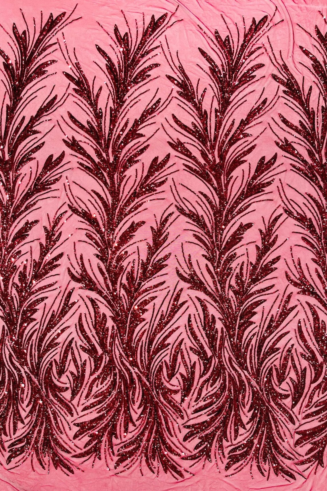 Leaf Design Stretch Sequins - Burgundy - 4 Way Stretch Lace Mesh Sequins Fabric by Yard