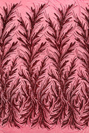 Leaf Design Stretch Sequins - Burgundy - 4 Way Stretch Lace Mesh Sequins Fabric by Yard
