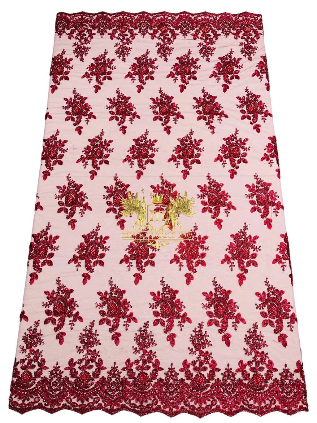 Floral Beaded Fabric - Burgundy - Embroidered Beaded Flowers Cluster Design on a Mesh Sold By Yard