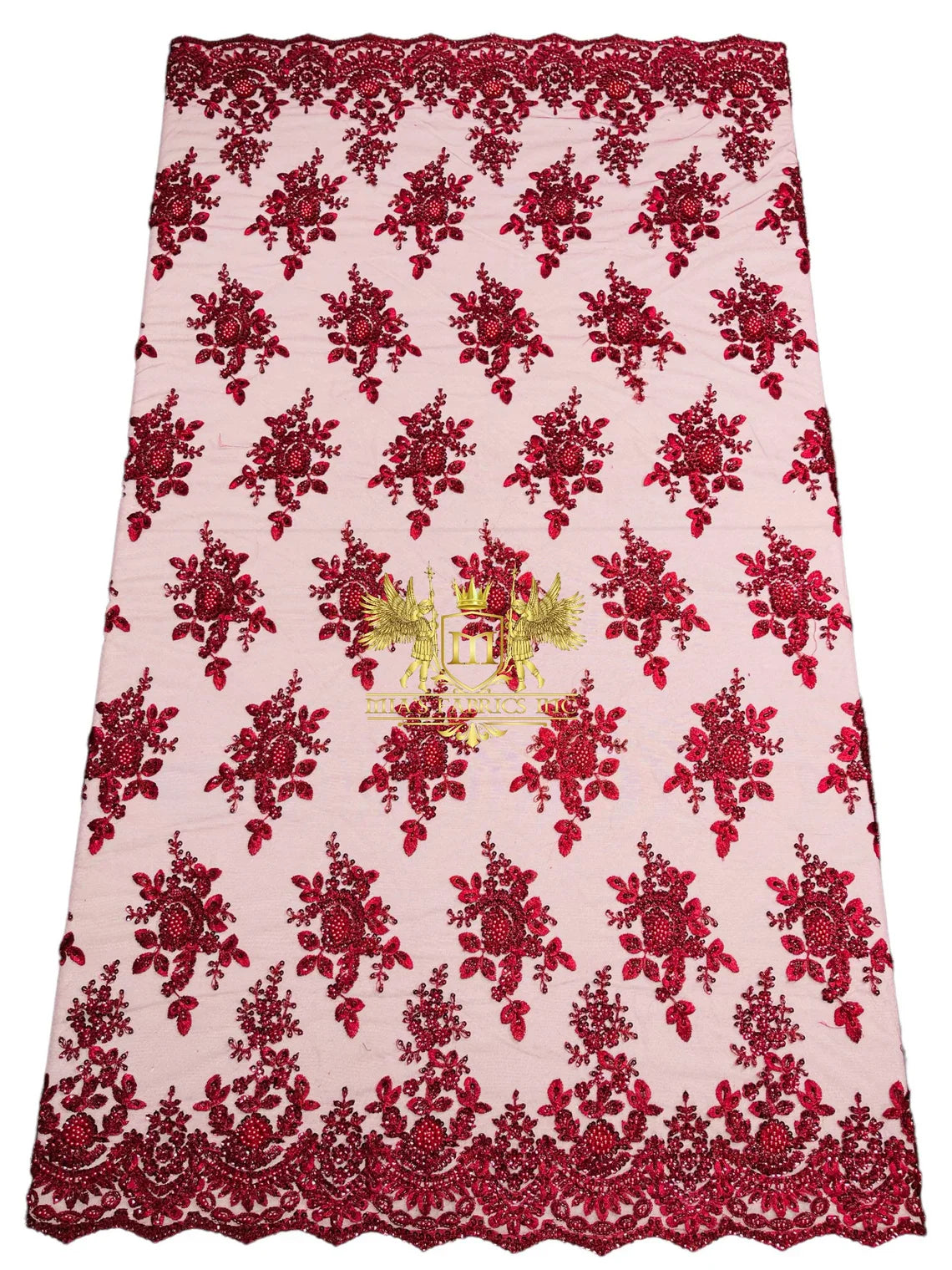 Floral Beaded Fabric - Burgundy - Embroidered Beaded Flowers Cluster Design on a Mesh Sold By Yard