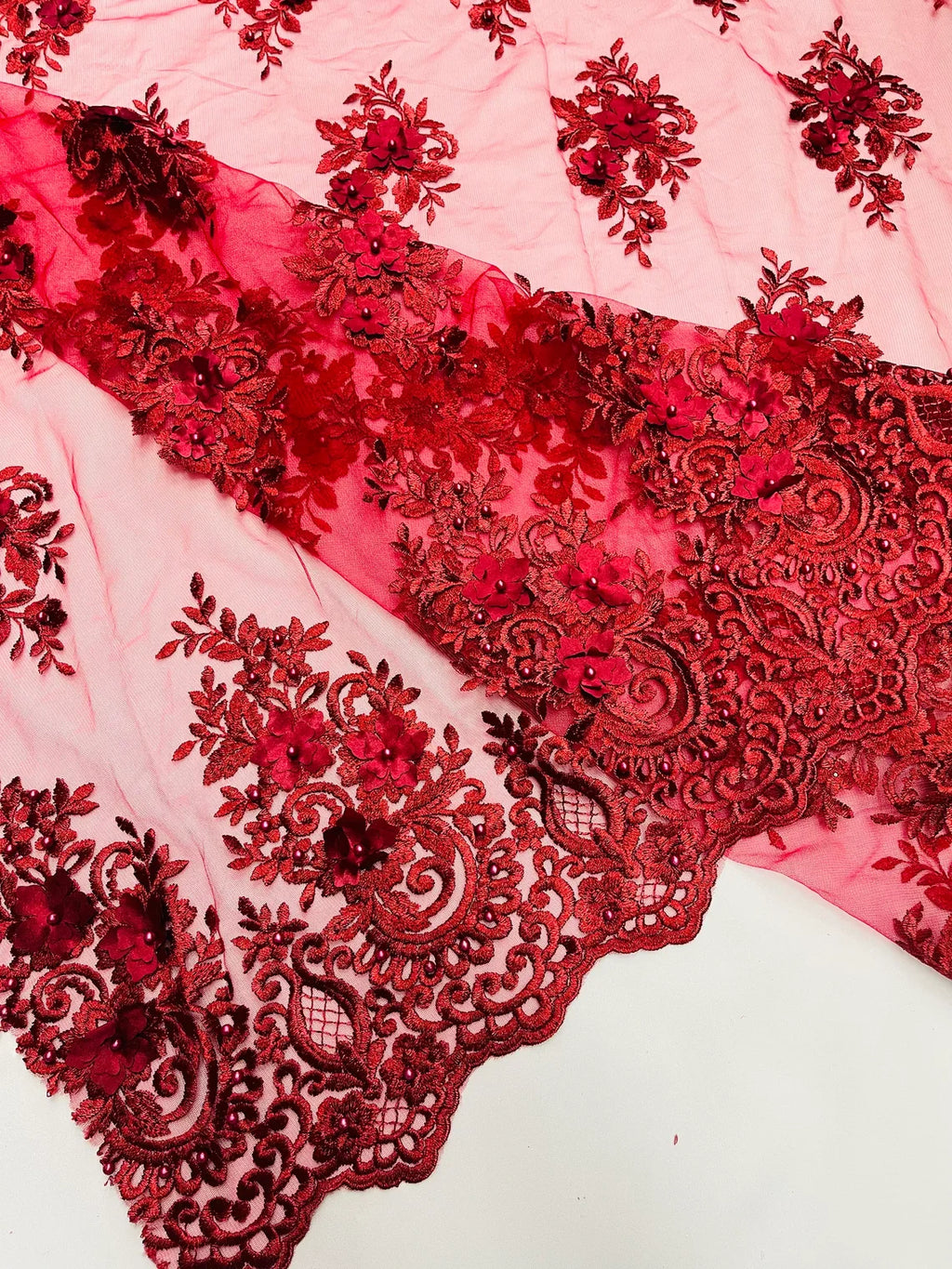 3D Fancy Floral Design Fabric - Burgundy - 3D Flower Fabric with Small Beads on Lace Sold By Yard