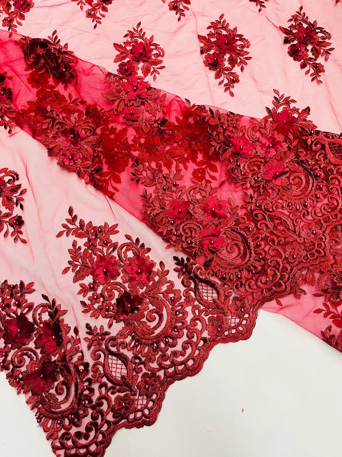 3D Fancy Floral Design Fabric - Burgundy - 3D Flower Fabric with Small Beads on Lace Sold By Yard