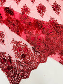 3D Fancy Floral Design Fabric - Burgundy - 3D Flower Fabric with Small Beads on Lace Sold By Yard