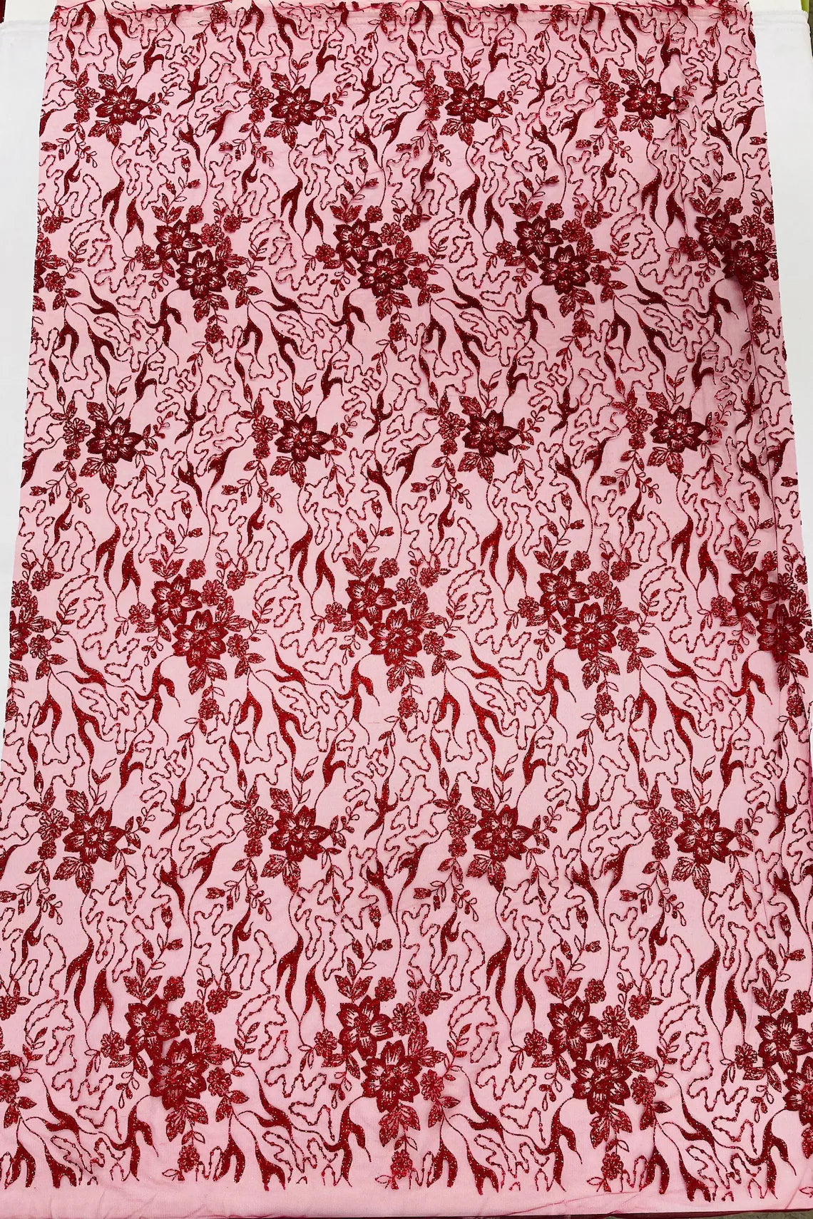 Flower Glitter Fabric - Burgundy - 3D Floral Tulle Fabric for Wedding, Quinceañera By Yard