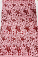 Flower Glitter Fabric - Burgundy - 3D Floral Tulle Fabric for Wedding, Quinceañera By Yard