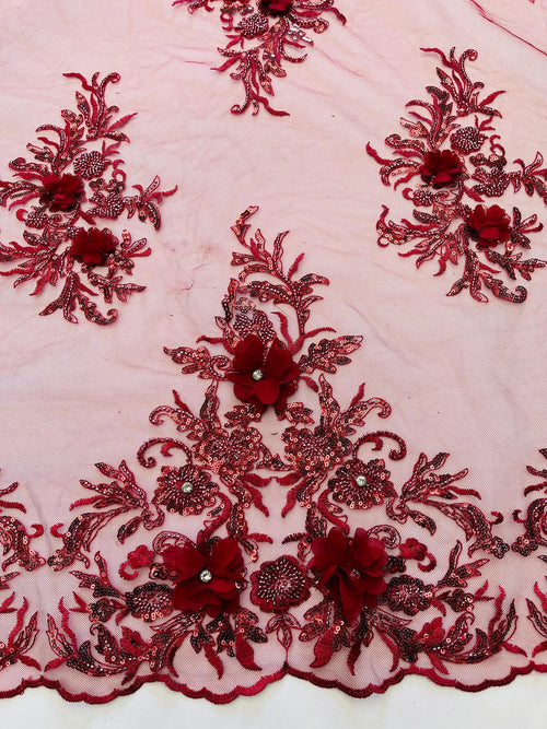 3D Floral Rhinestone Fabric - Burgundy - Beaded Flower Clusters with Rhinestones and Sequins By Yard