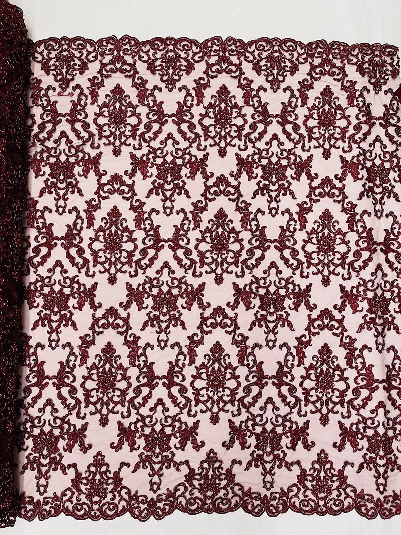 Butterfly Bead Sequins Fabric - Burgundy - Damask Beaded Sequins Lace Fabric by the yard