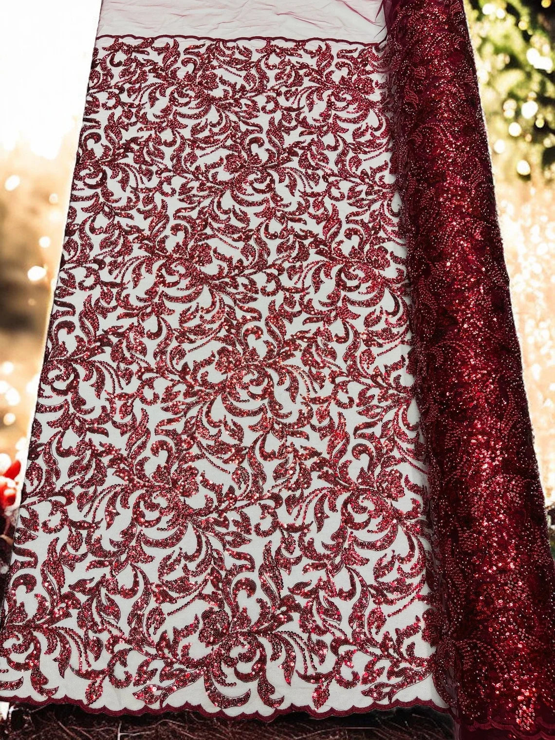 Beaded Flower Leaf Fabric - Burgundy - Shiny Beads and Sequins in Flower Design on Lace by Yard