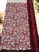 Beaded Flower Leaf Fabric - Burgundy - Shiny Beads and Sequins in Flower Design on Lace by Yard