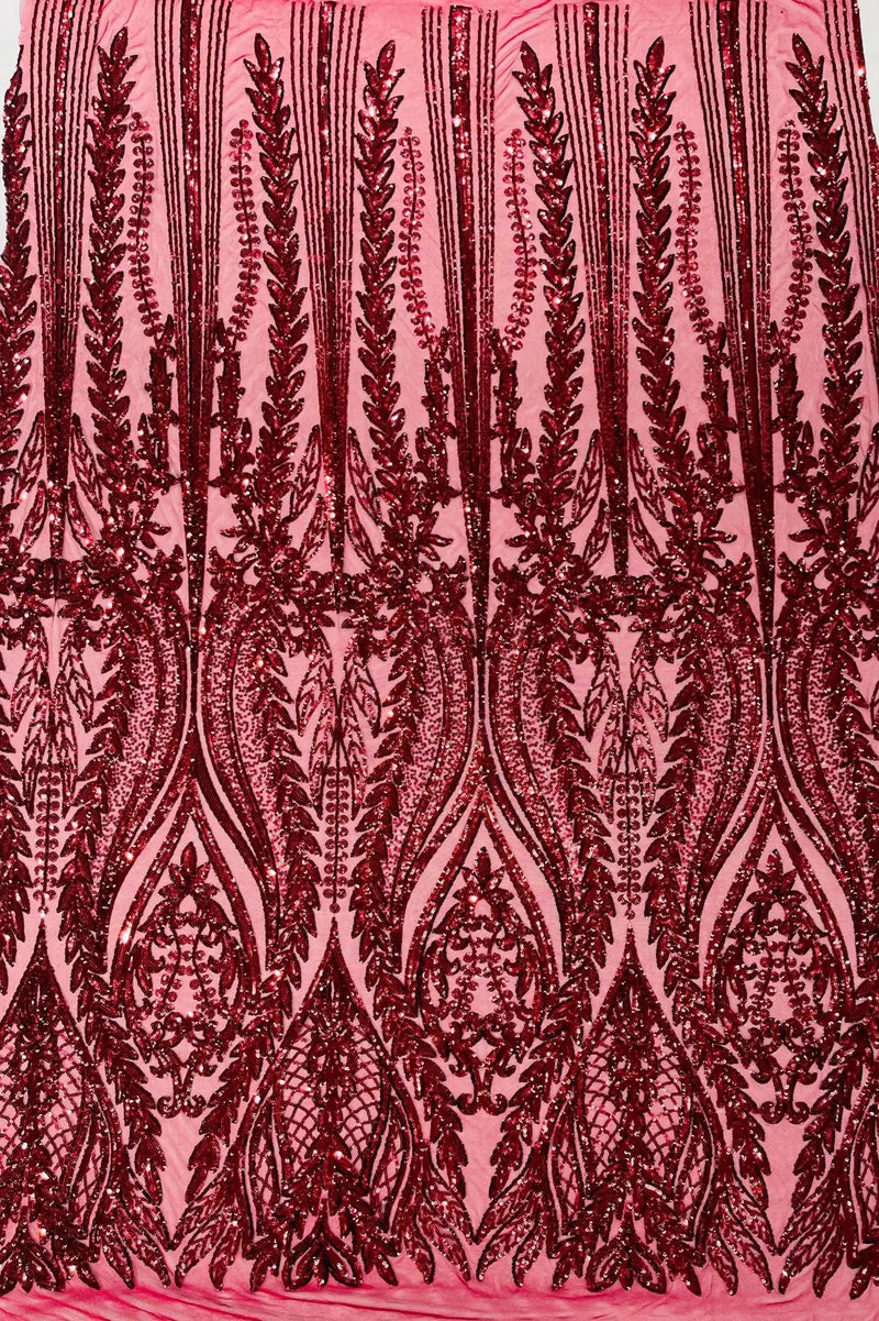 Mermaid Design Sequins Fabric - Burgundy - Sequins Fabric 4 Way Stretch on Mesh By Yard