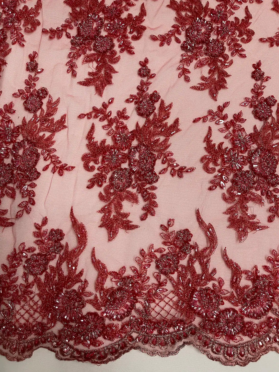 Floral Leaf Beaded Fabric - Burgundy - Embroidered Flower Leaf Design Beaded Fabric By Yard