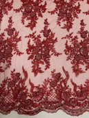 Floral Leaf Beaded Fabric - Burgundy - Embroidered Flower Leaf Design Beaded Fabric By Yard