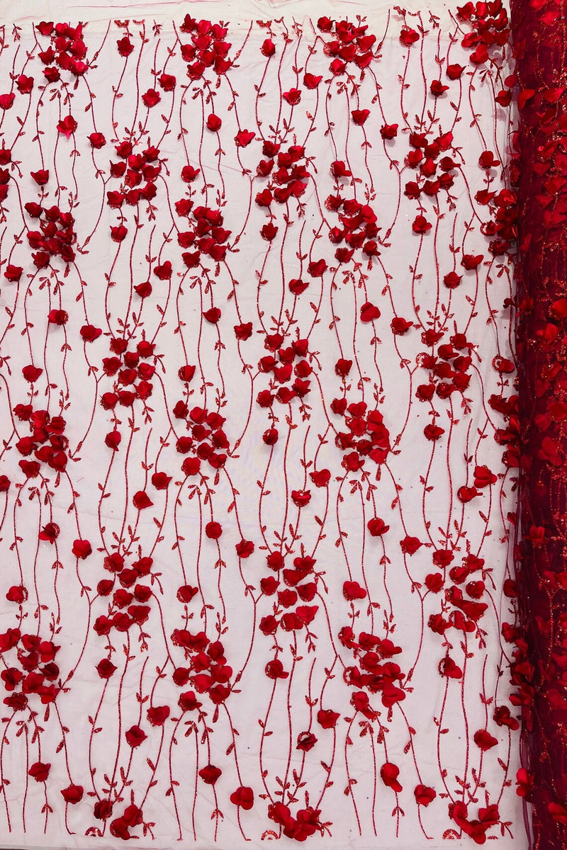 3D Glitter Floral Fabric - Burgundy - 3D Flowers with Sequins and Glitter on Mesh Sold By Yard