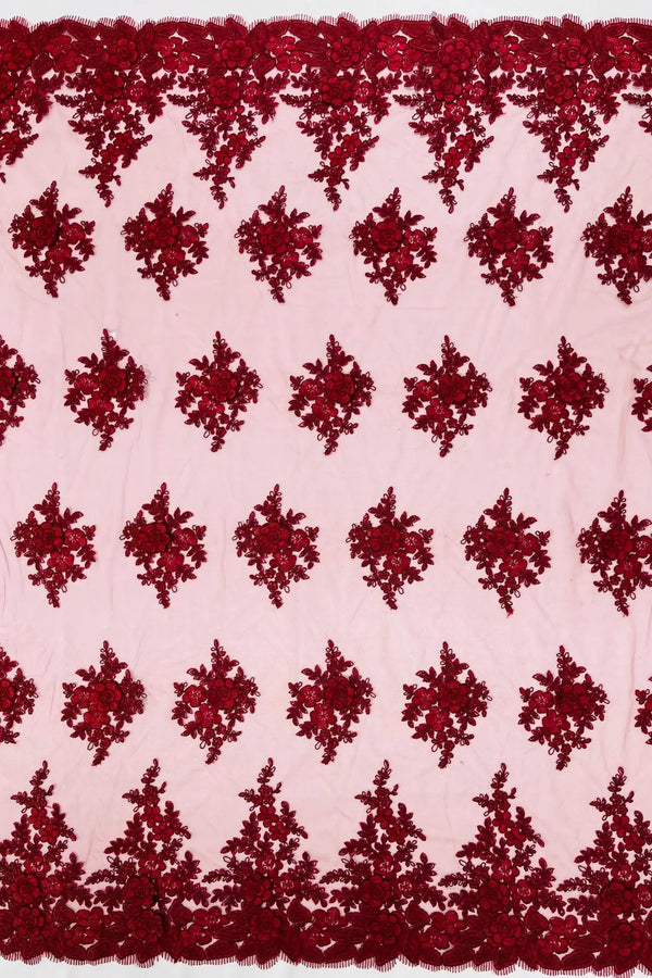 Corded Floral 3D Fabric - Burgundy - Embroidered Floral Design on Lace Mesh Fabric by Yard