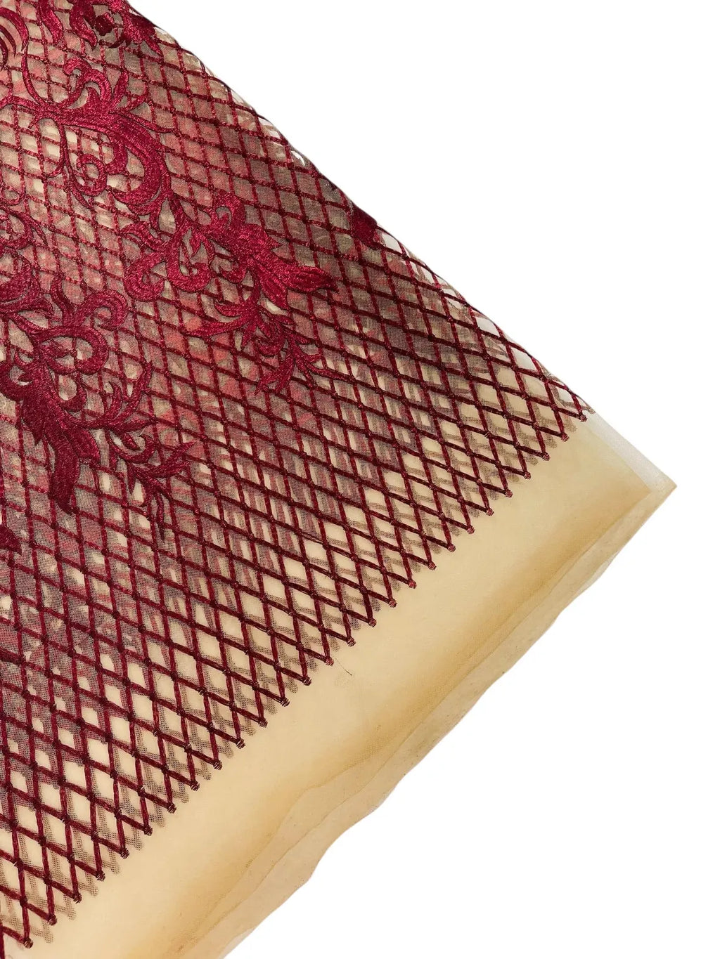 Damask on Net Lace Fabric - Burgundy - Embroidered Lace Mesh Damask Design Fabric by Yard