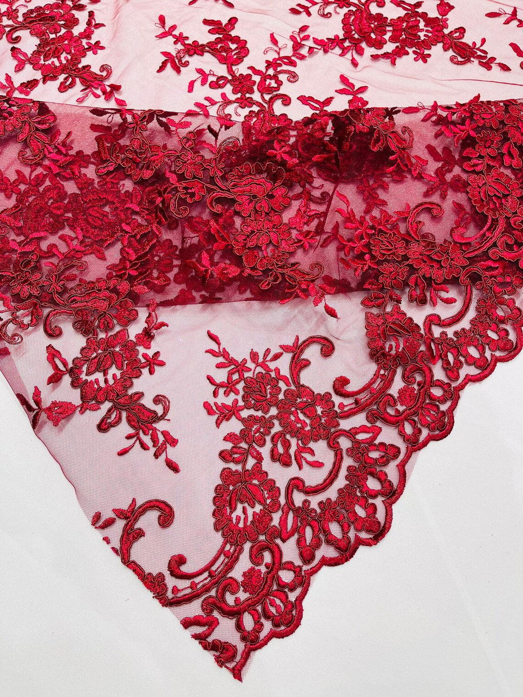 Floral Plant Lace Fabric - Burgundy - Embroidery Flower Small Leaf Design Lace Fabric Sold By Yard