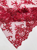 Floral Plant Lace Fabric - Burgundy - Embroidery Flower Small Leaf Design Lace Fabric Sold By Yard