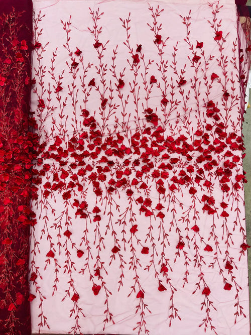3D Flower Glitter Fabric - Burgundy - Flower Design on Glitter Mesh Fabric Sold By Yard