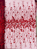 3D Flower Glitter Fabric - Burgundy - Flower Design on Glitter Mesh Fabric Sold By Yard