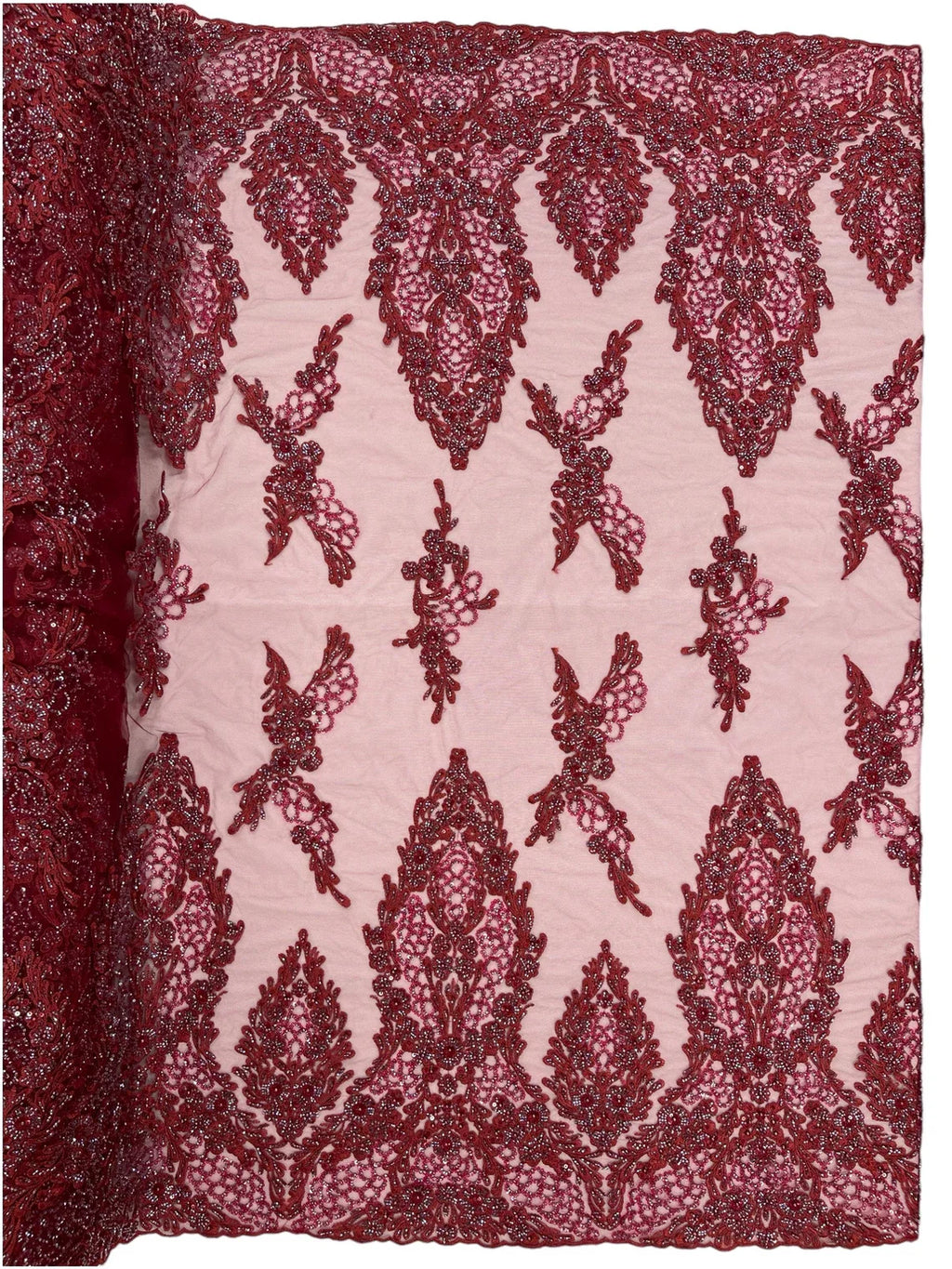 Heavy Bead Floral Fabric - Burgundy - Beaded Flower Design Fabric Fancy Border By Yard