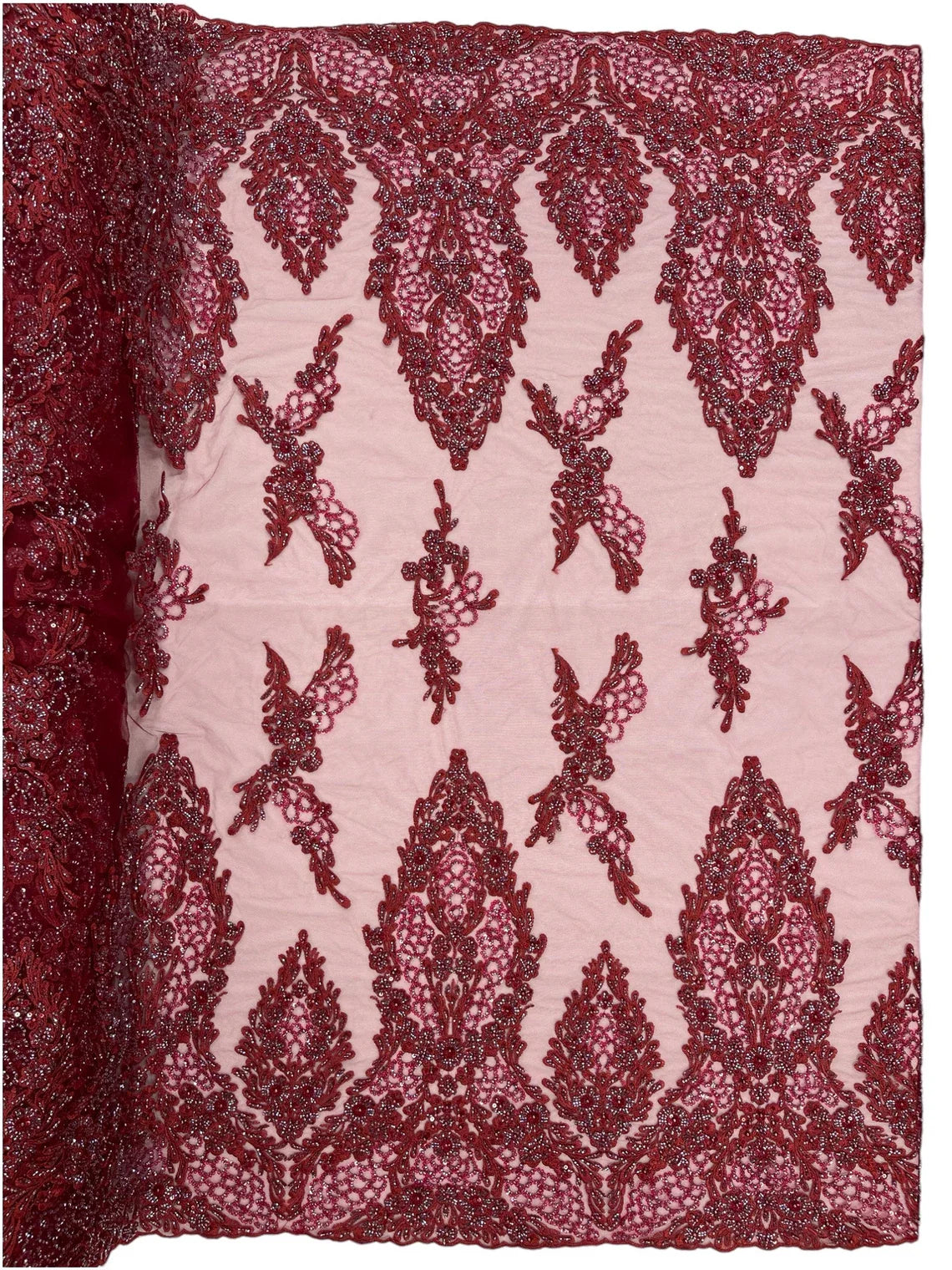 Heavy Bead Floral Fabric - Burgundy - Beaded Flower Design Fabric Fancy Border By Yard