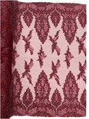 Heavy Bead Floral Fabric - Burgundy - Beaded Flower Design Fabric Fancy Border By Yard