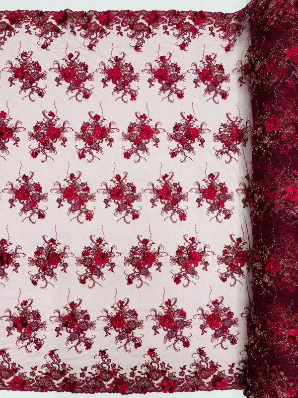 3D Flower Sequins Design - Burgundy - Embroidered Pearl Sequins Floral Clusters Lace Fabric By Yard