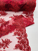 Floral Lace Flower Fabric - Burgundy - Floral Embroidered Fabric with Sequins on Lace By Yard
