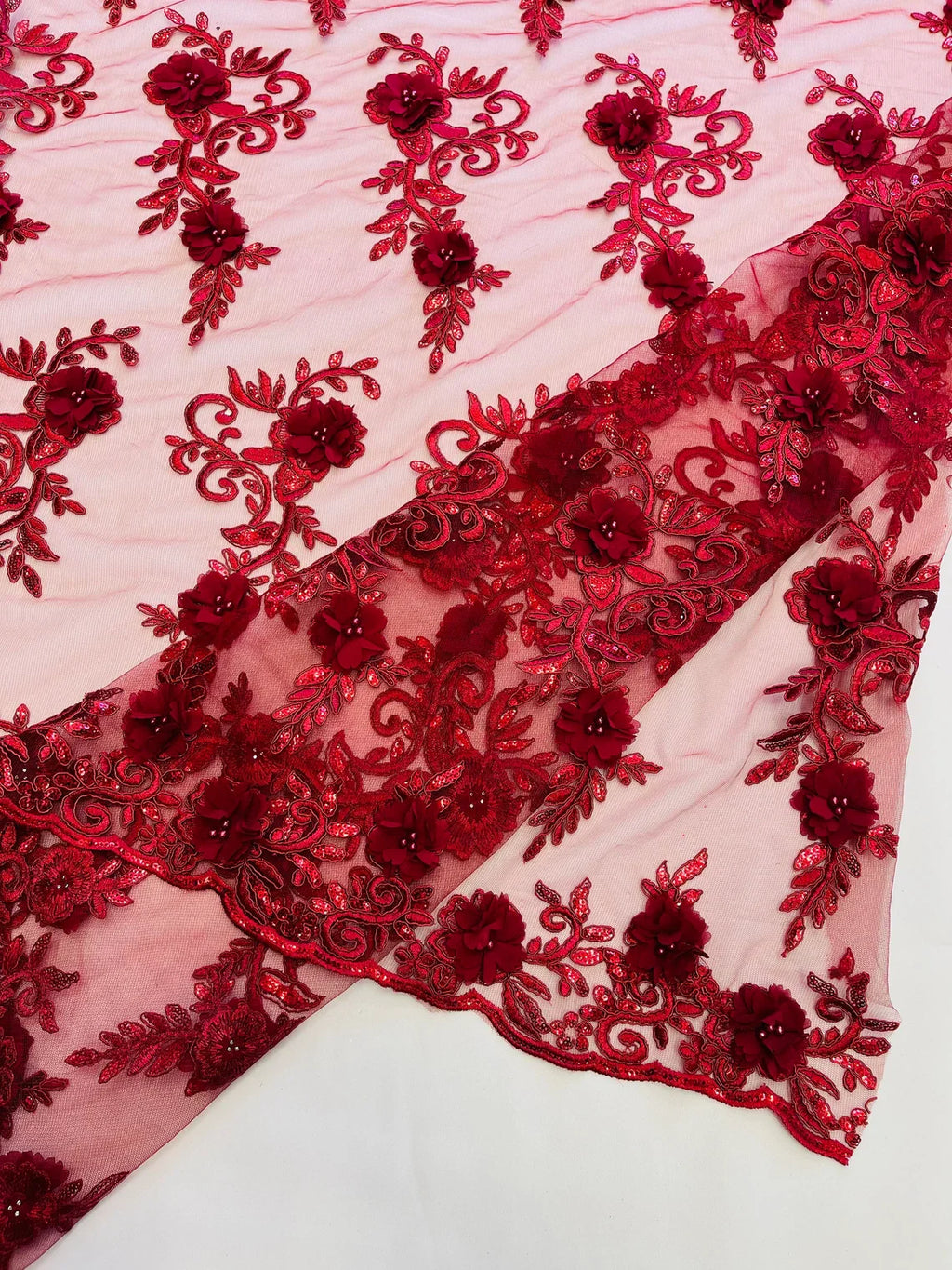 3D Flower Cluster Fabric - Burgundy - 3D Flower Leaf Design Fabric with Pearls Sold By Yard
