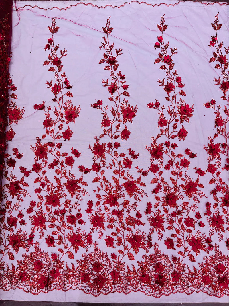3D Flower Glitter Fabric - Burgundy - Floral Glitter Sequin Design on Lace Mesh Fabric by Yard