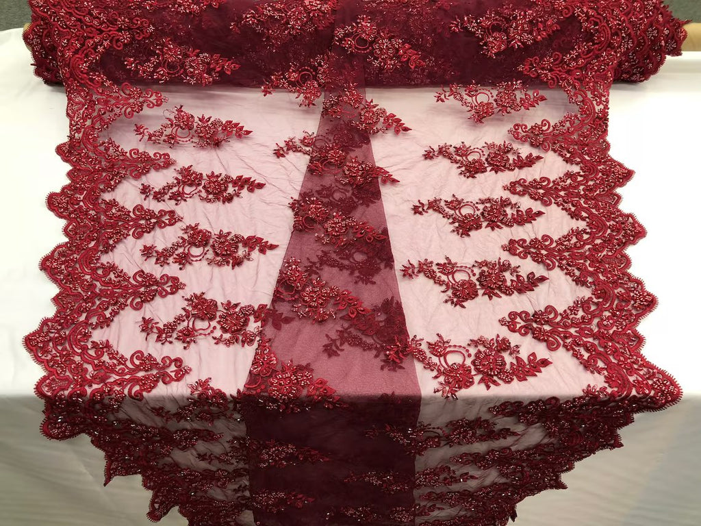 Beaded Floral Fabric - Burgundy - Embroidered Flower Cluster Beaded Fabric Sold By Yard
