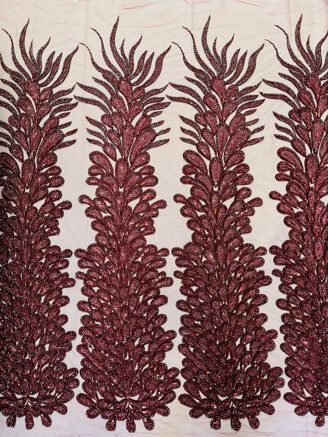 3D Beaded Peacock Feathers - Vegas Design Embroidered Sequins and Beads On a Mesh Lace Fabric - 15 Yard Roll