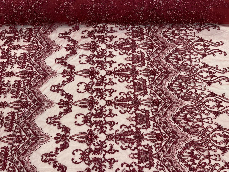 Damask Bead Fabric - Burgundy - Embroidered Glamorous Fabric with Round Beads Sold By Yard