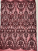 Heart Damask Sequins - Burgundy - 4 Way Stretch Elegant Shiny Sequins Fabric By Yard