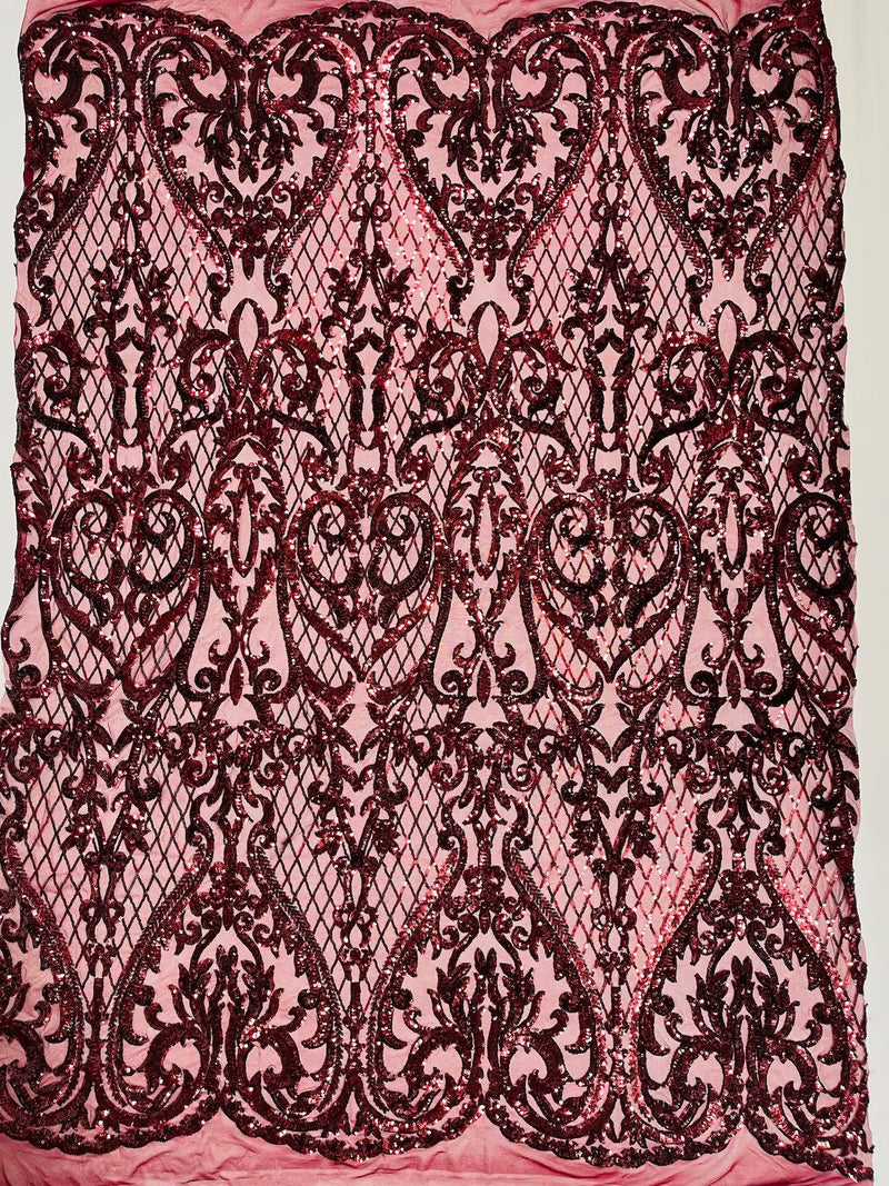 Heart Damask Sequins - Burgundy - 4 Way Stretch Elegant Shiny Sequins Fabric By Yard