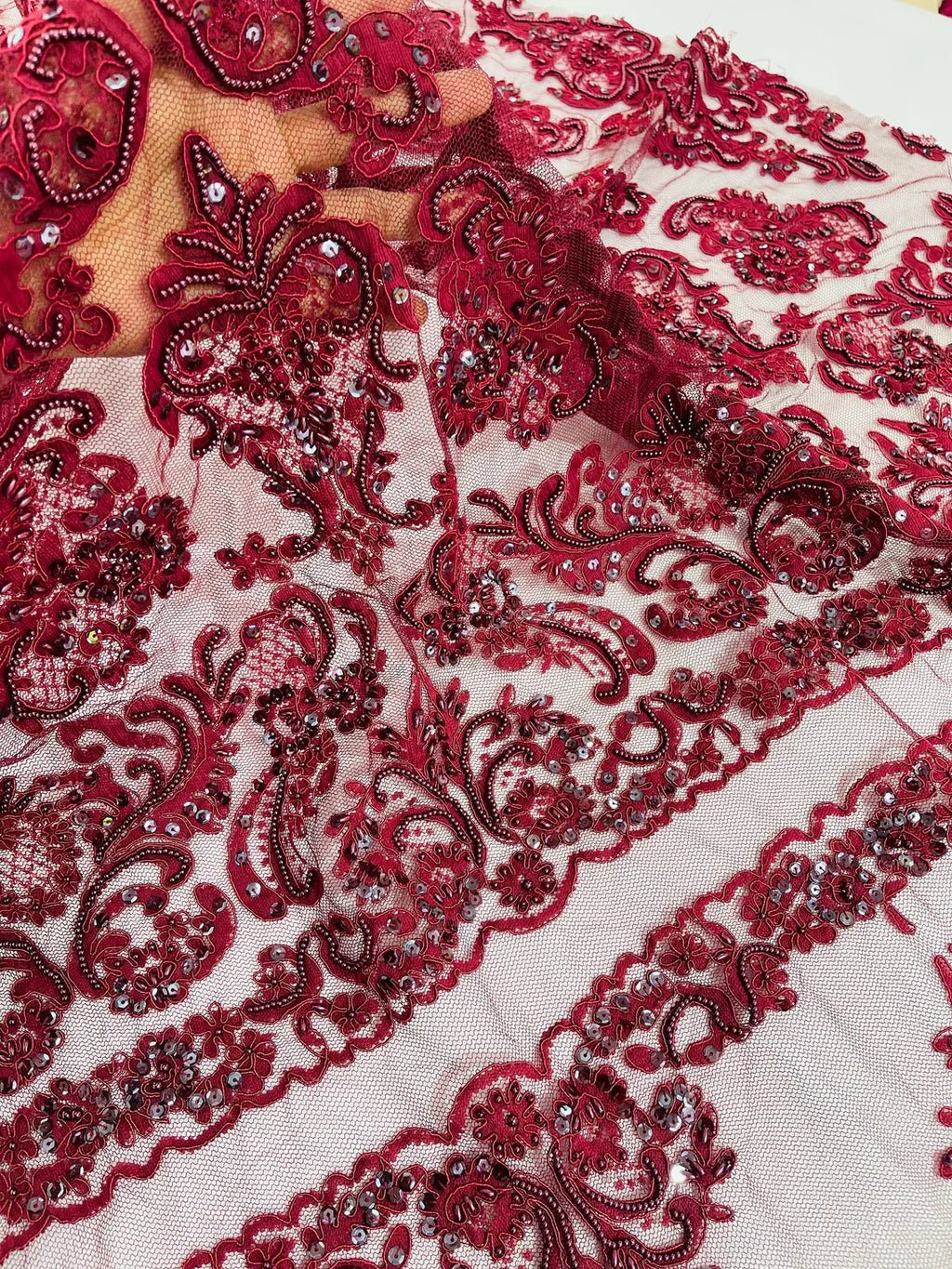 Beaded My Lady Damask Design - Burgundy - Beaded Fancy Damask Embroidered Fabric By Yard