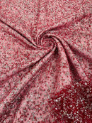 Beads and Sequins Lace - Burgundy / Silver - Embroidered Beads and Sequins on Lace Mesh Fabric By Yard