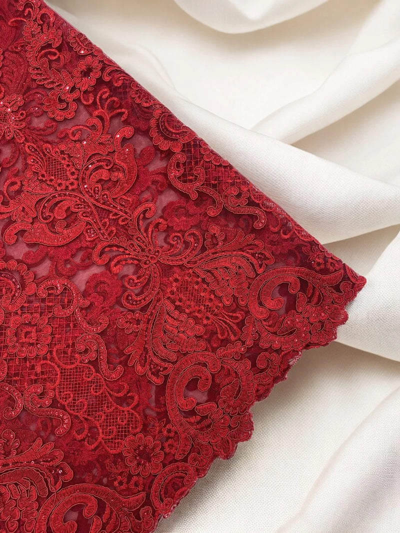 King Lace Pattern Fabric - Burgundy - Embroidered Sequins on Lace Mesh Fabric By Yard