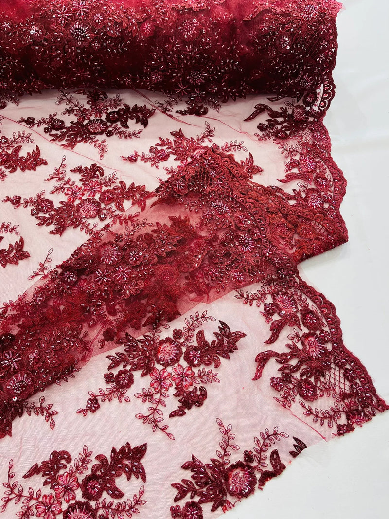 Beaded Flower Sequins Fabric - Burgundy - Embroidered Beaded Floral Clusters Sequins Fabric By Yard