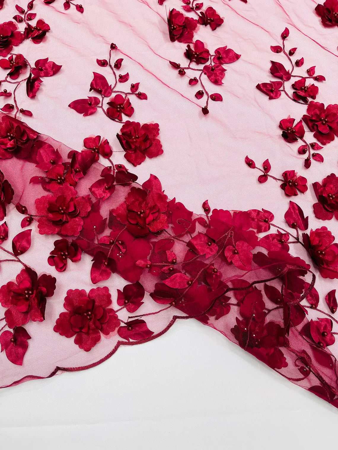 3D Floral Pearl Fabric - Burgundy - Embroidered Floral Pearl Fabric Double Border On Mesh By Yard