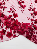 3D Floral Pearl Fabric - Burgundy - Embroidered Floral Pearl Fabric Double Border On Mesh By Yard