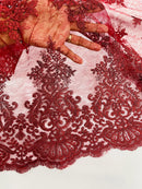 Damask Border Corded Lace - Burgundy - Floral Cluster Design Damask Border on Lace Fabric Yard