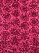 Satin Rosette Sequins Fabric - Burgundy - 3D Rosette Satin Rose Fabric with Sequins By Yard