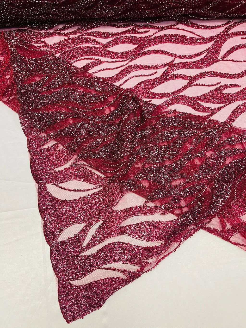 Fire Flames Design Bead Fabric - Burgundy - Beaded Embroidered Fire Pattern Fabric By Yard