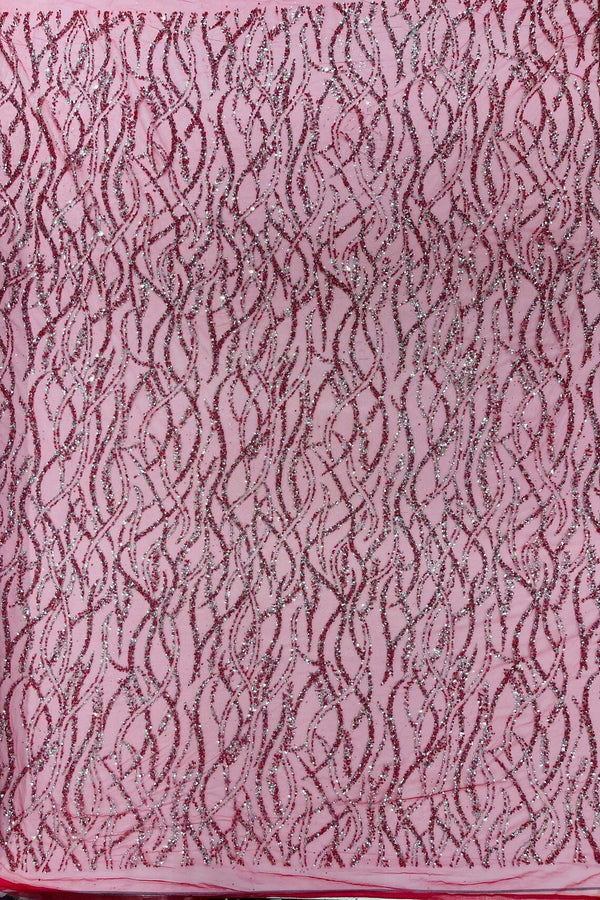 Glitter Wavy Bead Fabric - Burgundy - Sequins, Bead, Glitter Design on Lace Fabric By Yard